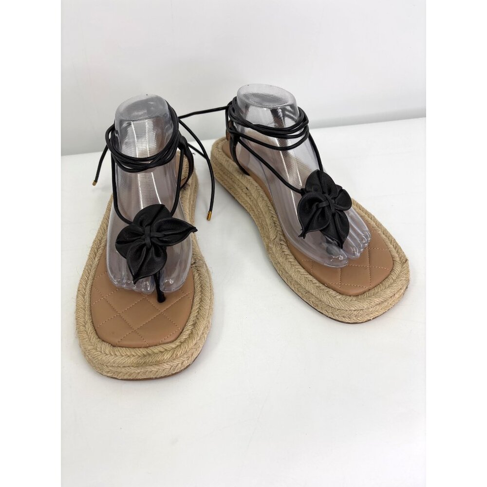 Aerosoles Fanie Lace Up Leather Flower Espadrille Thong Sandal Black Size 11 M